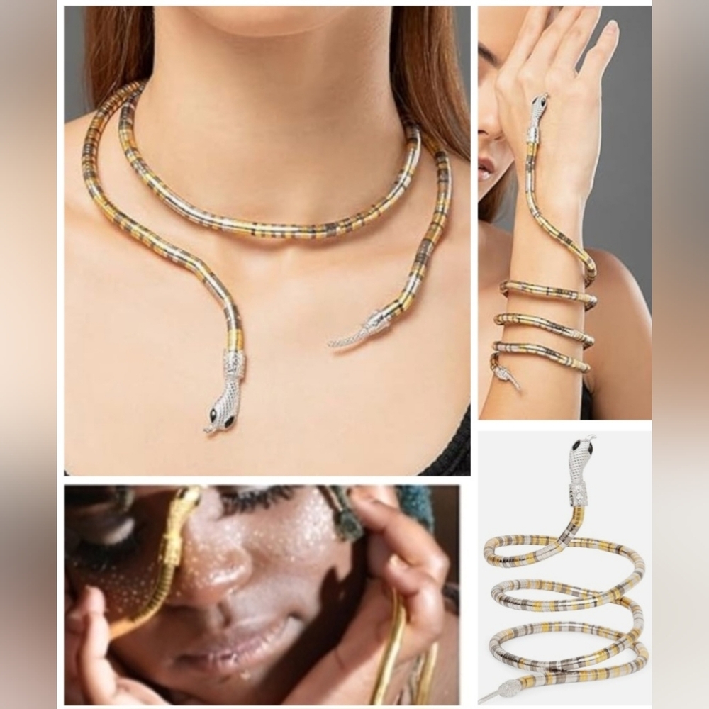 New Snake Silver Gold Necklace Bracelet Anklet  Bendable Medusa Pewter Metal